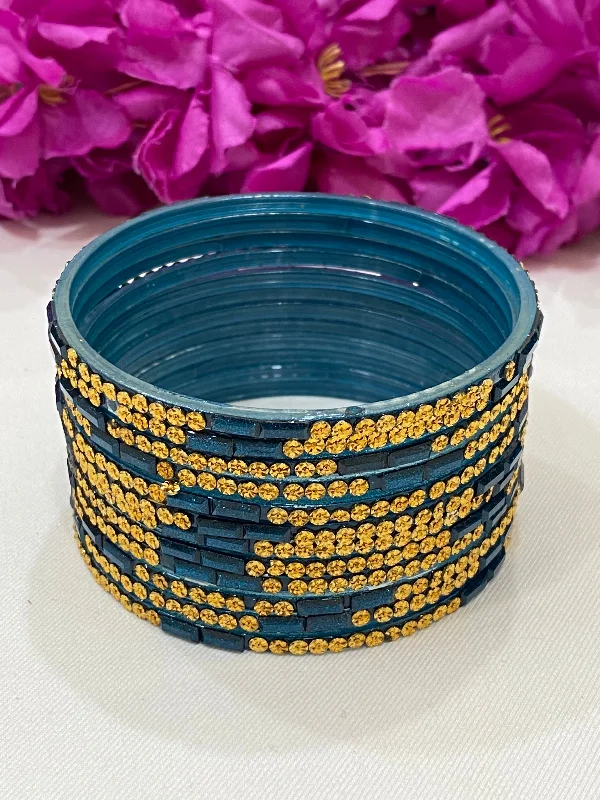 Bridal Bangle Set with Pearls-Beautiful Teal Blue Color Stone Design Glass Bangles For Women