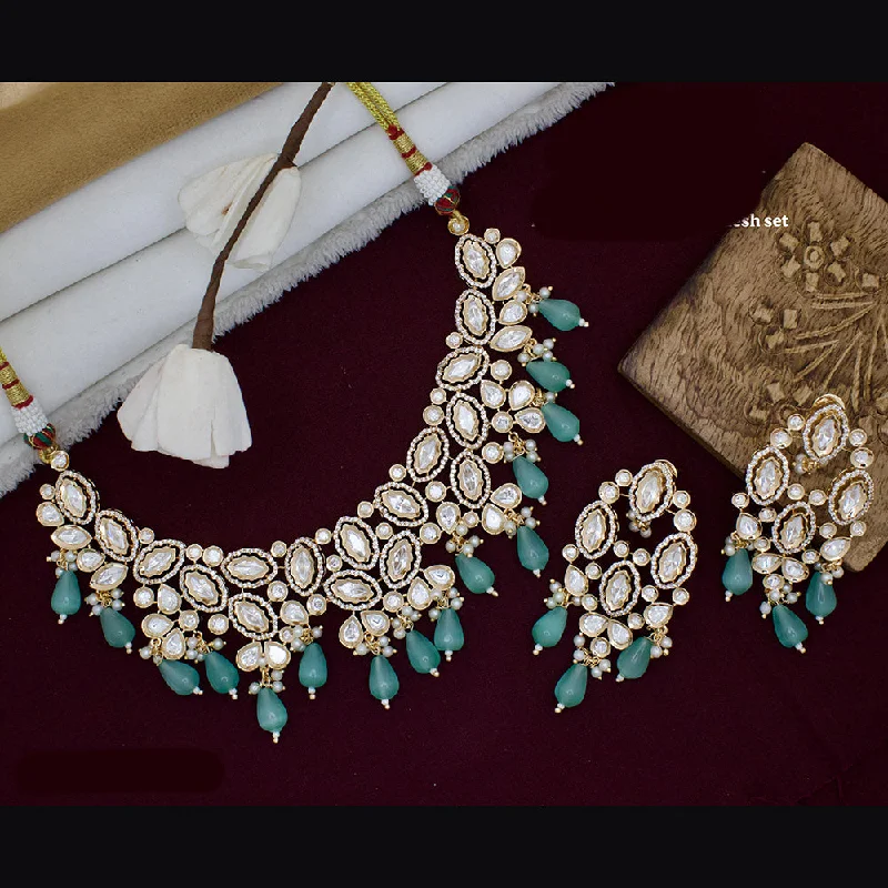 Vintage Crystal Necklace-JCM Gold Plated Polki Kundan Stone And Beads Necklace Set