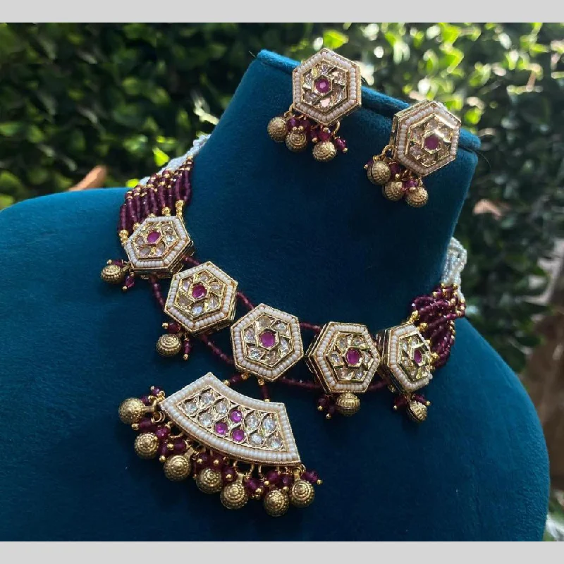 Gemstone Pendant for Necklace-Royal Kundan Jewellery Gold Plated Polki Kundan And Pearls Necklace Set