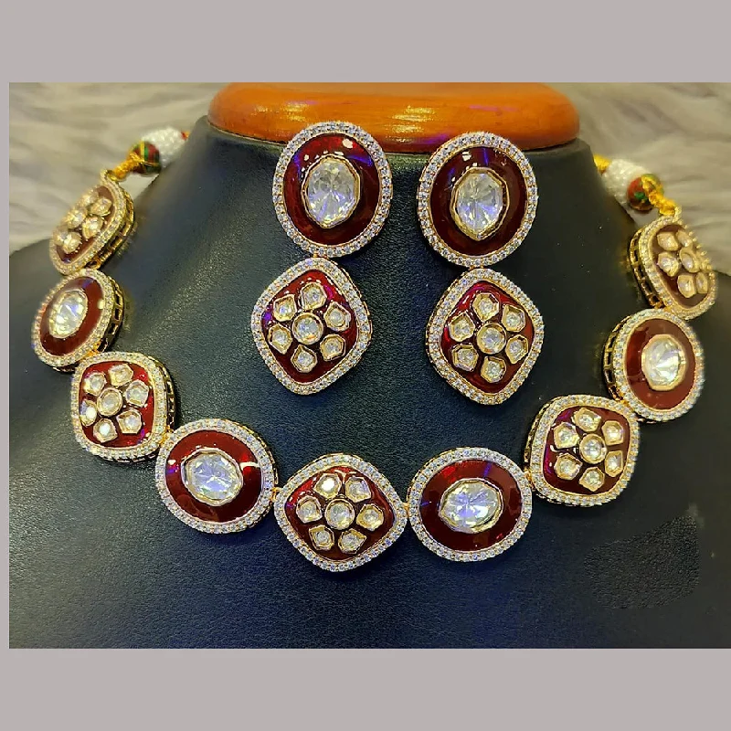 Elegant Crystal Necklace-Jain Jewellers Gold Plated Polki Kundan Stone Meenakari Necklace Set