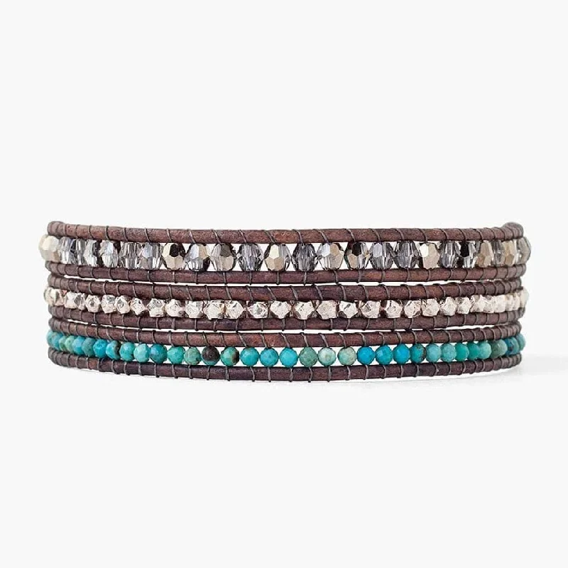 Beautiful Gemstone Charm Bracelets-Turquoise Mix Three Wrap Bracelet On Natural Grey Leather