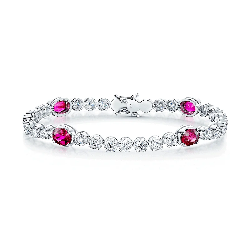 Rose Gold Cuff Bracelets-18ct White Gold Claw Set Oval Ruby & Round Brilliant Cut Diamond Tennis Bracelet