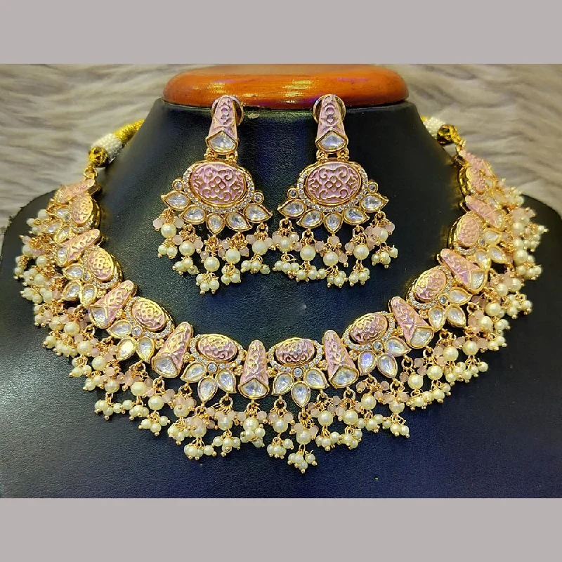 Silver Bar Necklace-Jain Jewellers Gold Plated Polki Kundan Stone Meenakari Necklace Set