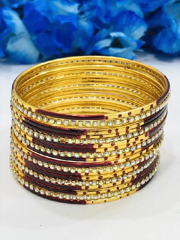 Rose Gold Bangles Set-Charming Maroon Color Stone Worked Metal Bangles For Women