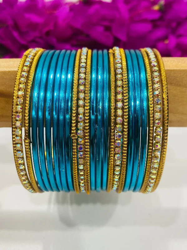 Simple Rose Gold Bangles Set-Appealing Sky Blue Color Beads Studded Thin Metal Bangle Sets