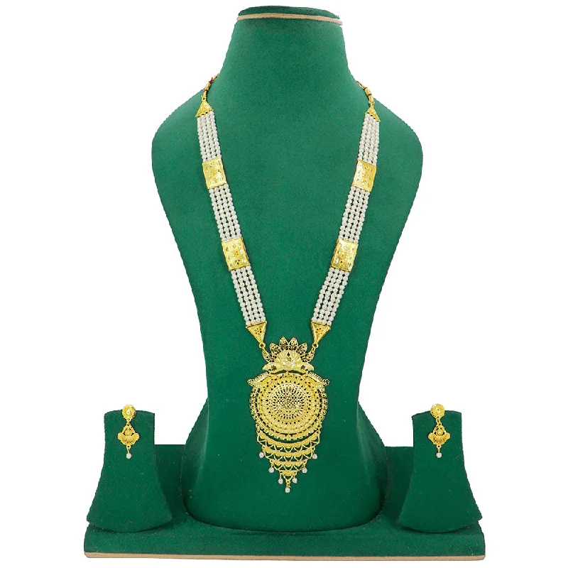 Luxury Diamond Necklace-Mahavir Gold Plated Pearls Long Necklace Set