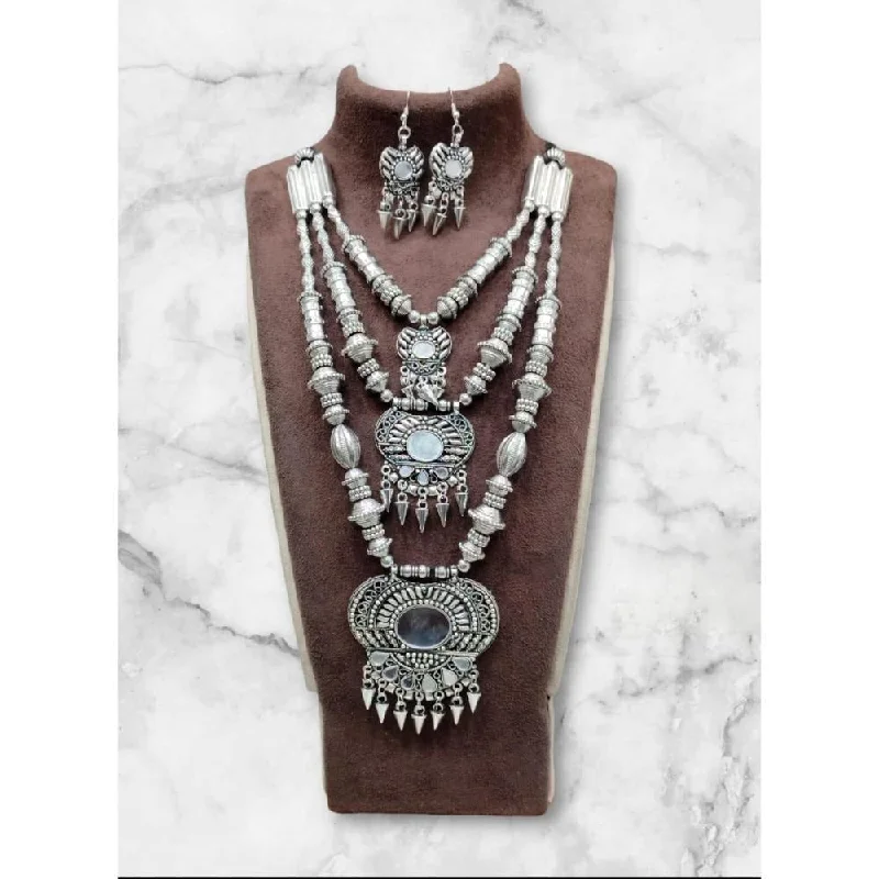 Modern Gold Necklace-Akruti Collection Oxidised  Plated Long Mirror Necklace Set