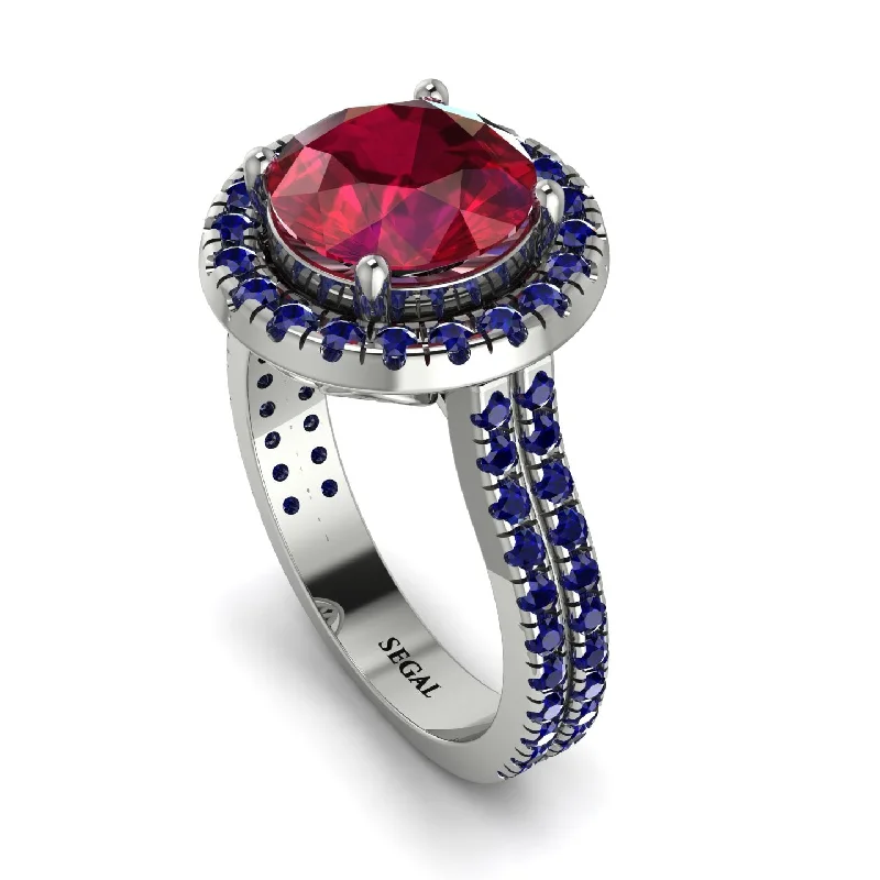 Classic Wedding Ring Set-Gorgeous Round Cut Ruby Pave Double Shank Engagement Ring With Hidden Stone - Ellen No. 72