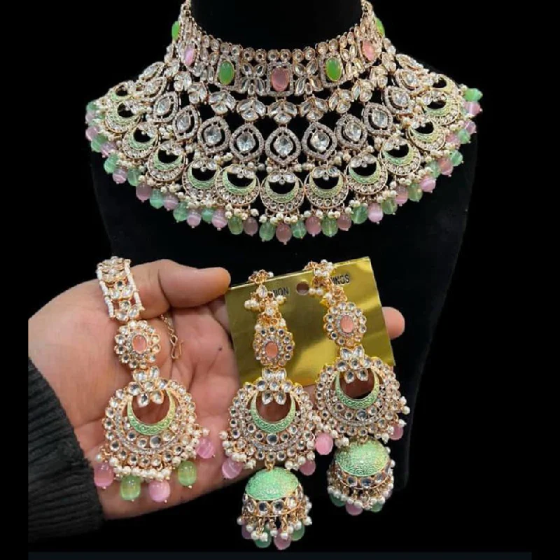 Stylish Pendant Necklace-Hira Collections Gold Plated Kundan Stone And Pearls Meenakari Choker Necklace Set