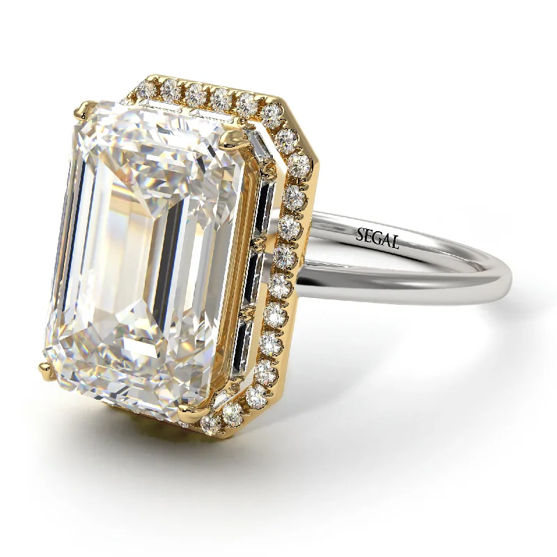 Modern Engagement Ring-Two Tones Halo Emerald Cut Diamond Ring With Hidden Diamonds - Rowan No. 77