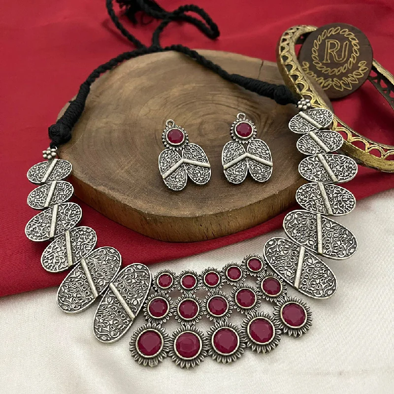 Heart Pendant Necklace with Diamonds-FS Collection Oxidised Plated Pota Stone Necklace Set