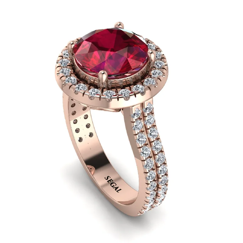 Adjustable Gold Ring-Gorgeous Round Cut Ruby Pave Double Shank Engagement Ring With Hidden Stone - Ellen No. 11