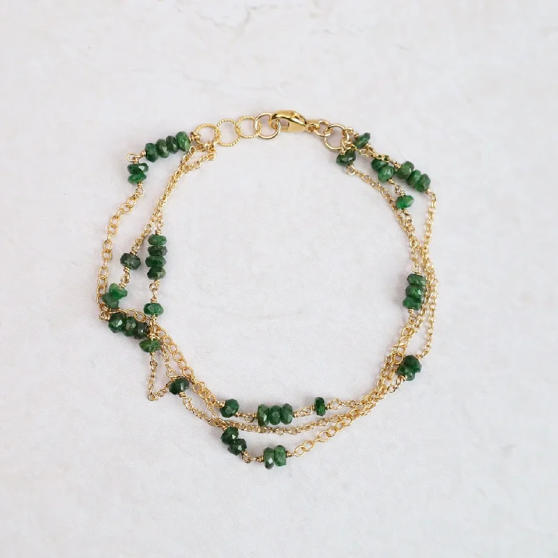 Pearl and Gold Bracelets-Three Strand Rondelle Chain Bracelet - Green Garnet