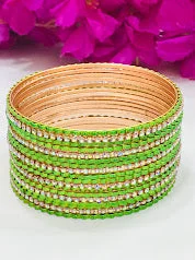 Sparkling Gemstone Bangles-Dazzling Green Colored Metal Bangles With Stones For Women