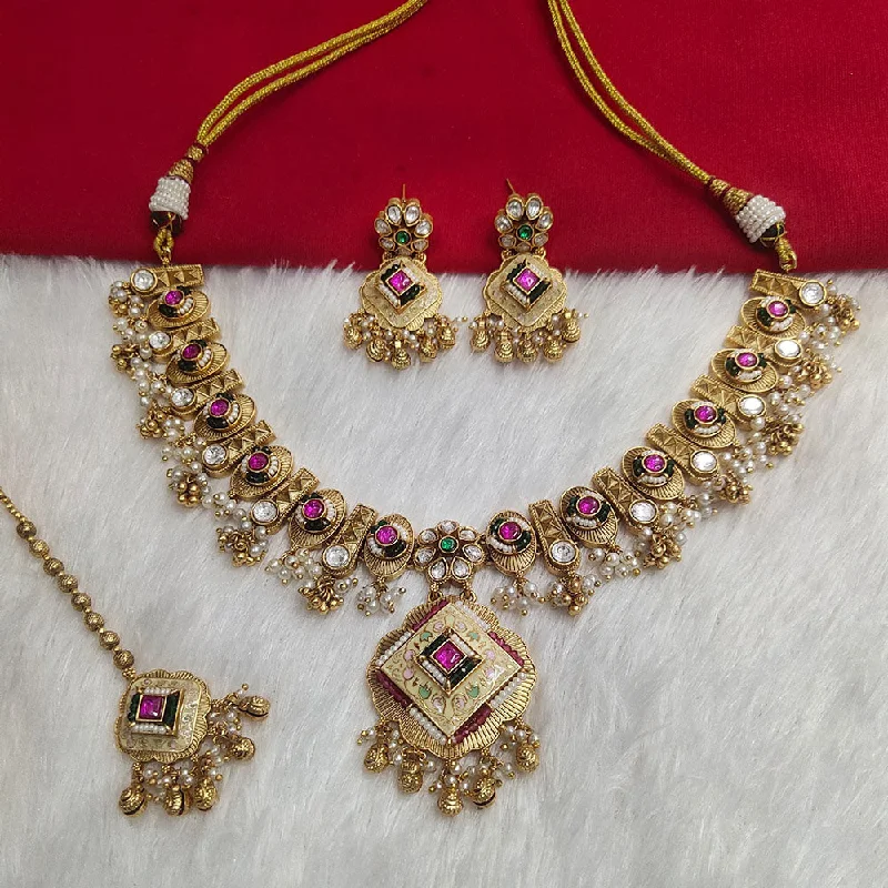 Delicate Gold Chain Necklace-Kala Creation Gold Plated Pota Stone Necklace Set