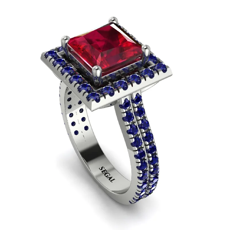 Classic White Gold Ring-Gorgeous Princess Cut Ruby Pave Double Shank Engagement Ring With Hidden Stone - Margot No. 72