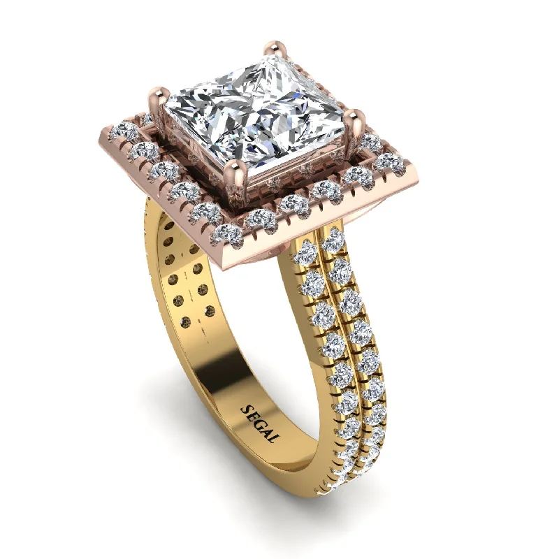 Elegant Rose Gold Ring-Two Tones Gorgeous Princess Cut Diamond Pave Double Shank Engagement Ring With Hidden Stone - Margot No. 76