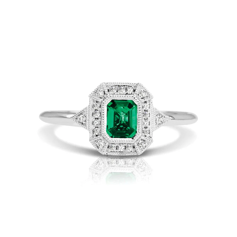 Titanium Wedding Band-14K White Gold Emerald and Diamond Ring