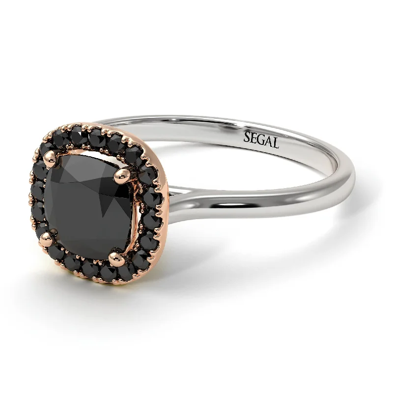 Modern Cocktail Ring-Two Tones Vintage Classic Halo Cushion Black Diamond Ring - Skylar No. 81