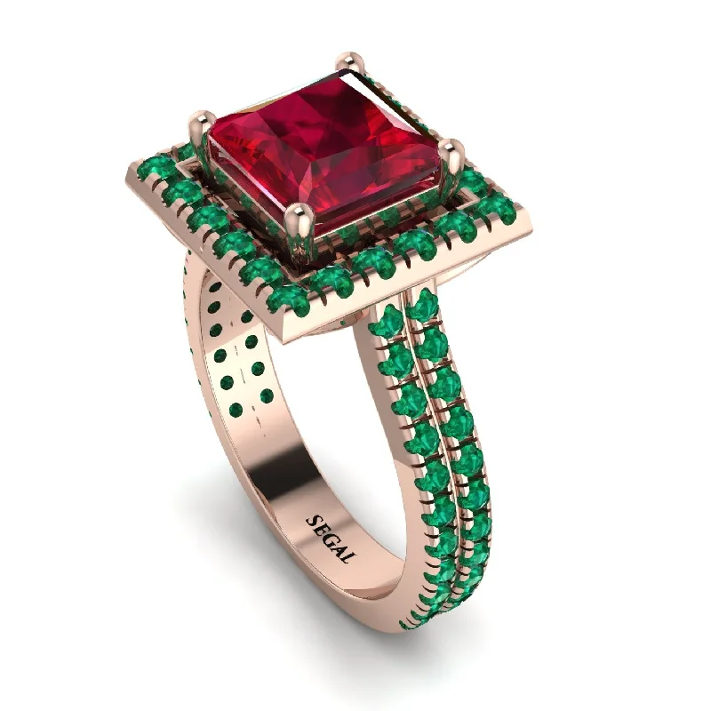 Handcrafted Silver Ring-Gorgeous Princess Cut Ruby Pave Double Shank Engagement Ring With Hidden Stone - Margot No. 26