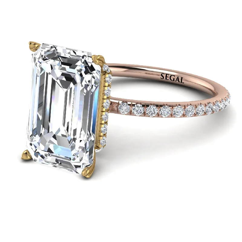 Modern Silver Ring-Two Tones Hidden Halo Emerald Cut Diamond Engagement Ring - Melodi No. 76