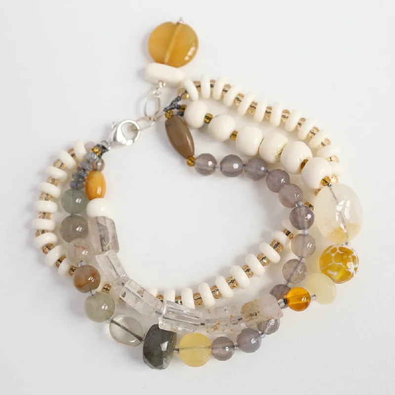 Vintage Gold Bracelets-Triple Strand Bone & Labradorite Mix Bracelet