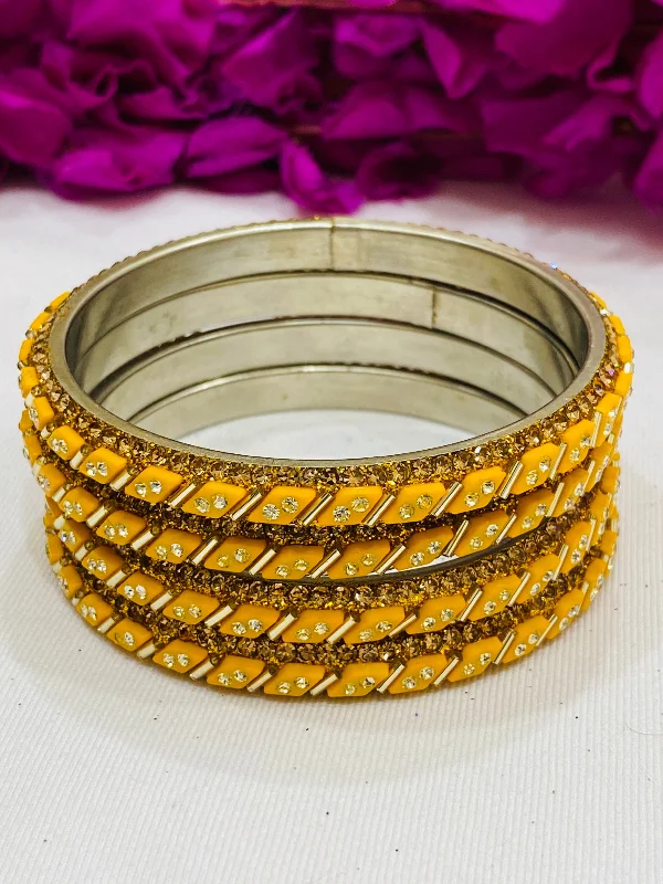 Classic Wedding Bangle Set-Lovely Yellow Color Designed Metal Bangles With White Stone For Women