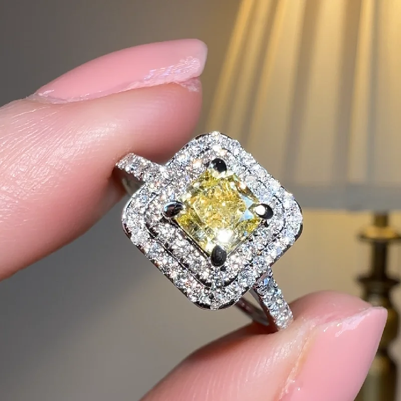 Simple Gemstone Wedding Ring-"Holly" Yellow Cushion Cut Halo Diamond Shoulder Engagement Ring DSCC07