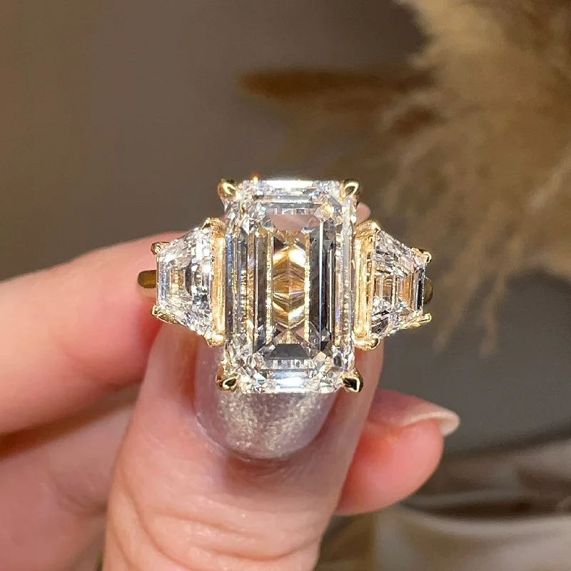 Luxury Diamond Ring-"Celia" Trilogy Three Stone 5 Carat Emerald Cut Diamond Tapered Baguette Shoulder Engagement Ring