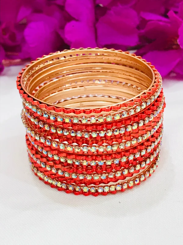 Exclusive Designer Bangles-Appealing Orange Colored Fancy Metal Bangles With White Stones