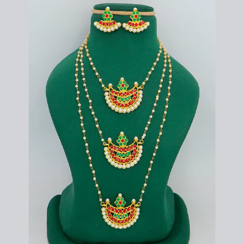 Personal Initial Necklace-Mahavir Gold Plated Pota Stone And Pearls Long Necklace Set