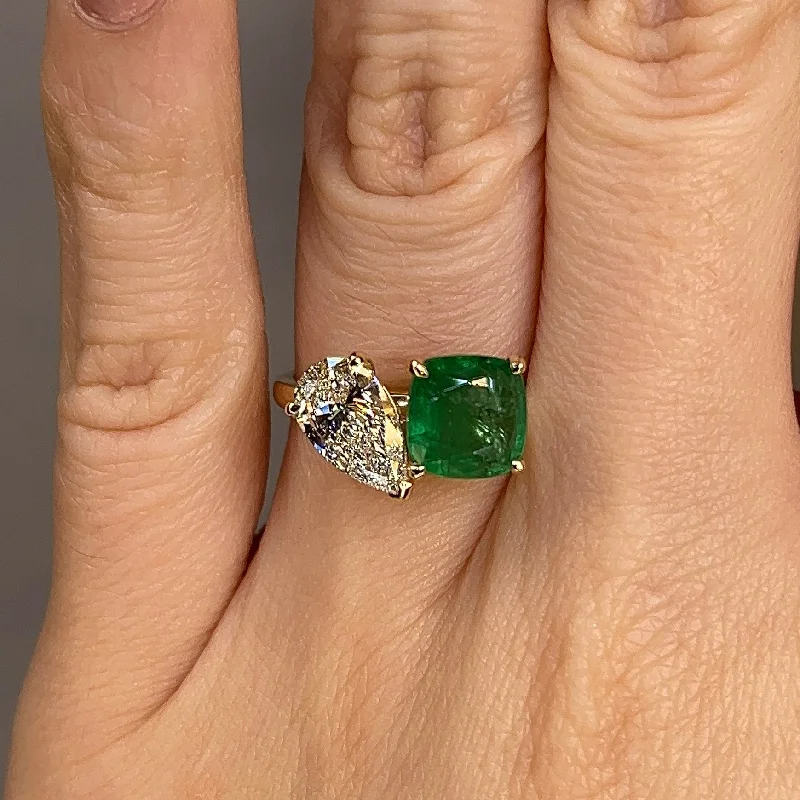 Stylish Gemstone Wedding Ring-"Juni" Toi Et Moi 1.2 Carat Pear Cut Diamond Paired with 2 Carat Emerald Gem Ring