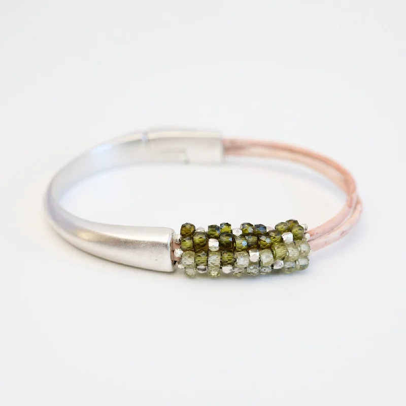 Luxury Silver Bracelets-Green Zircon & Sterling Silver Mix 1/2 Cuff Bracelet