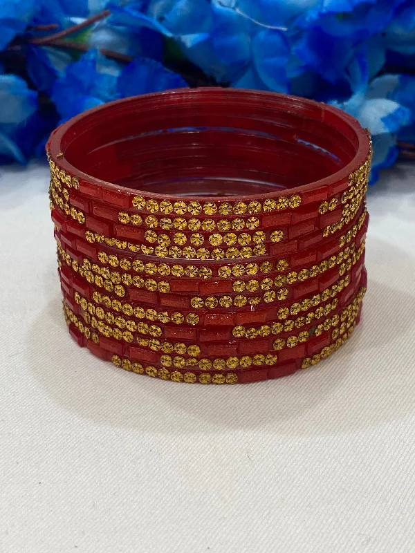 Traditional Wedding Bangles-Stunning Red Color Stone Work Glass Bangles For Women