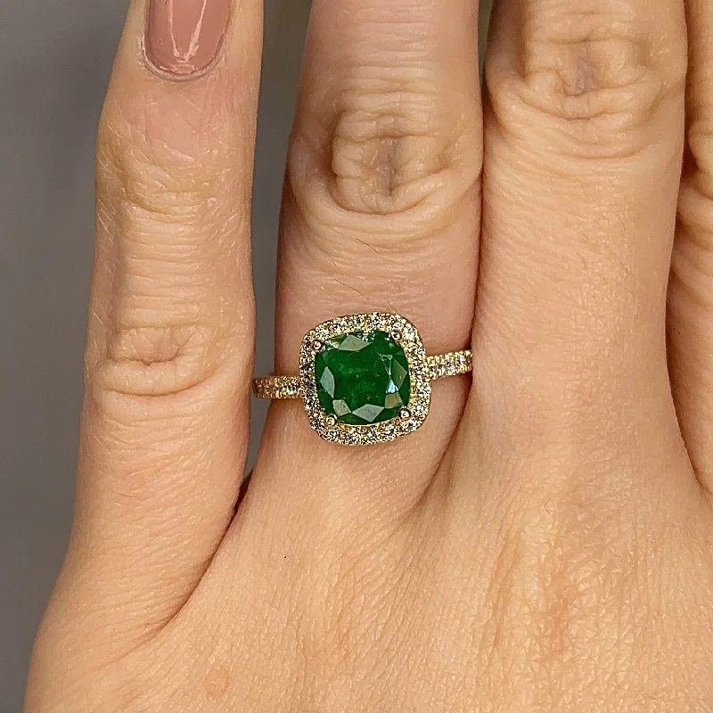 Two-Tone Gold Ring-"Ines" 2.03 Carat Cushion Emerald Gem Halo Diamond Shoulder Ring