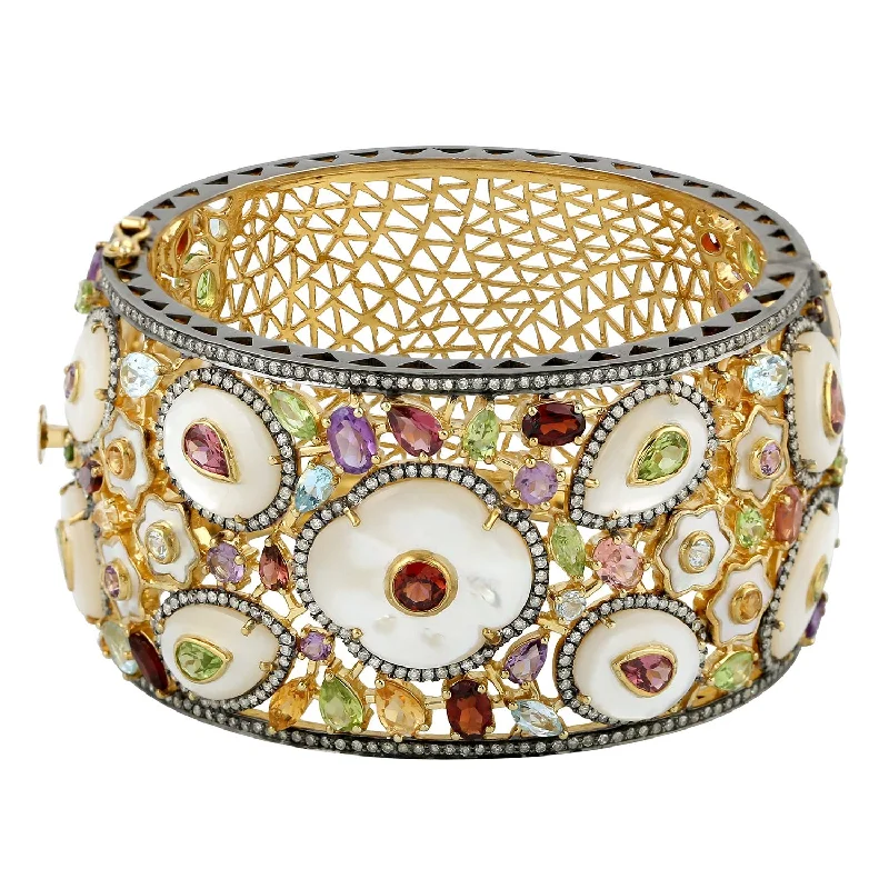 Modern Chunky Bangles-Splendid Spring Pearl and Sapphire Bangle