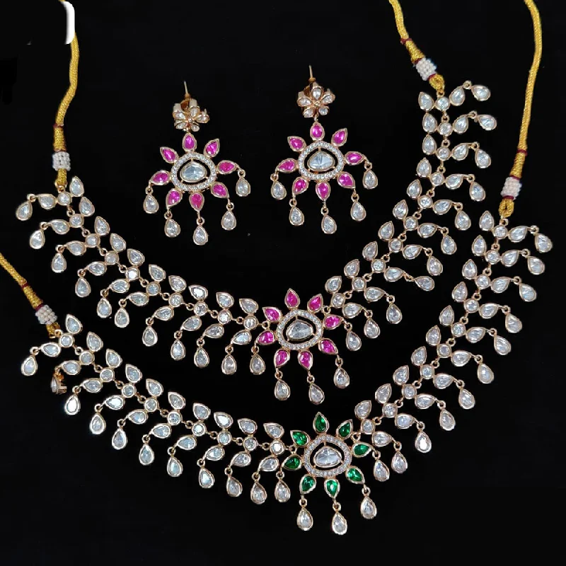 Double Layer Gold Necklace-JCM Polki Kundan Stone Necklace Set