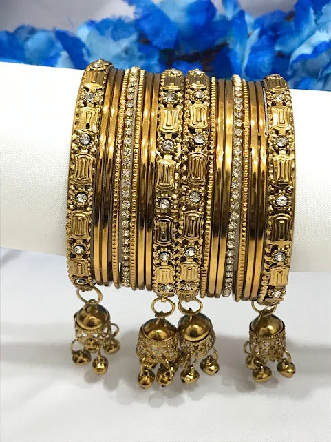 Classic Diamond Bangles-Pleasing Gold Color Jhumka With Beads Design Metal Bangles For Women