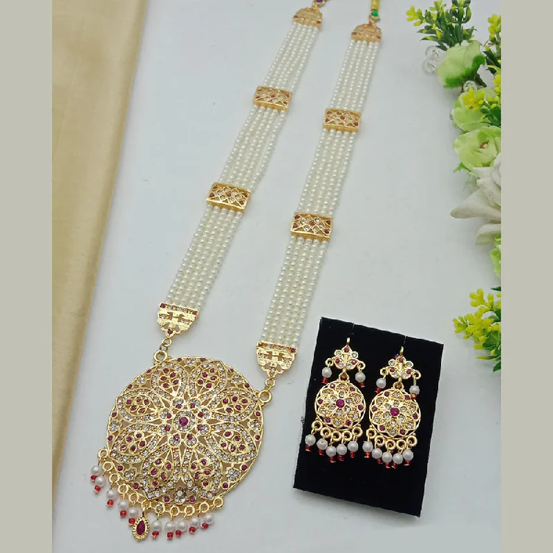 Vintage Gold Necklace-SP Jewellery Gold Plated Austrian Stone And Pearls Long Necklace Set