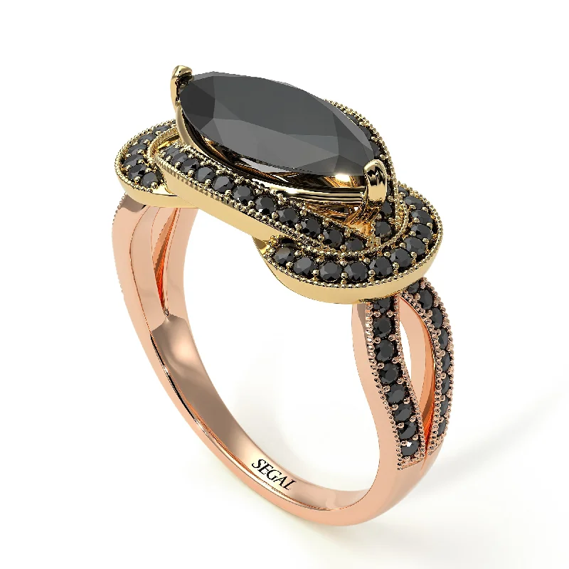 Double Band Ring-Two Tones Milgrain Marquise Black Diamond Engagement Ring - Marley No. 79