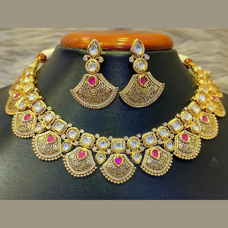 Custom Gold Pendant Necklace-Jain Jewellers Gold Plated Polki Kundan Stone Necklace Set