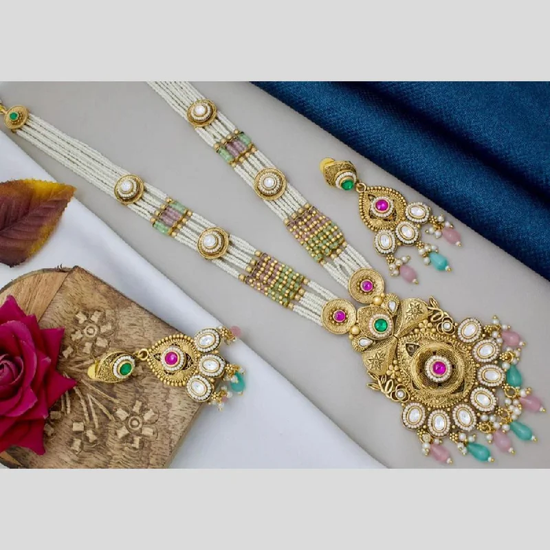 Vintage Inspired Necklace-Manisha Jewellery Gold Plated Kundan Stone And Beads Long Necklace Set