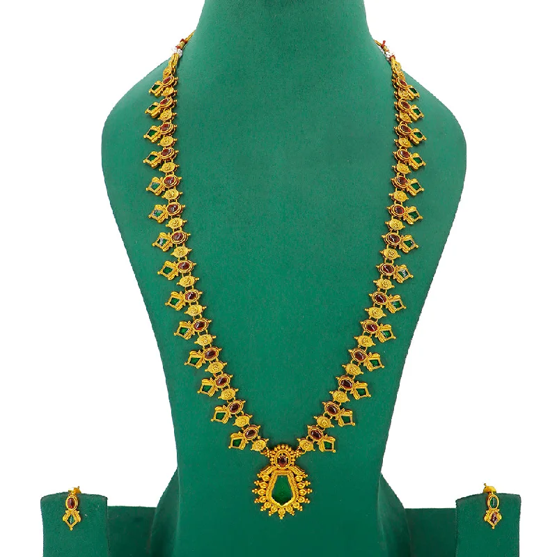 Layered Gemstone Necklace-Mahavir Gold Plated Pota Stone Long Necklace