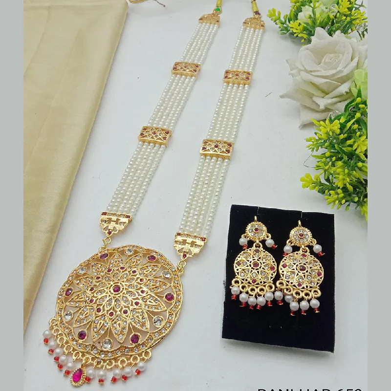 Fashionable Gold Necklace-SP Jewellery Gold Plated Austrian Stone And Pearls Long Necklace Set