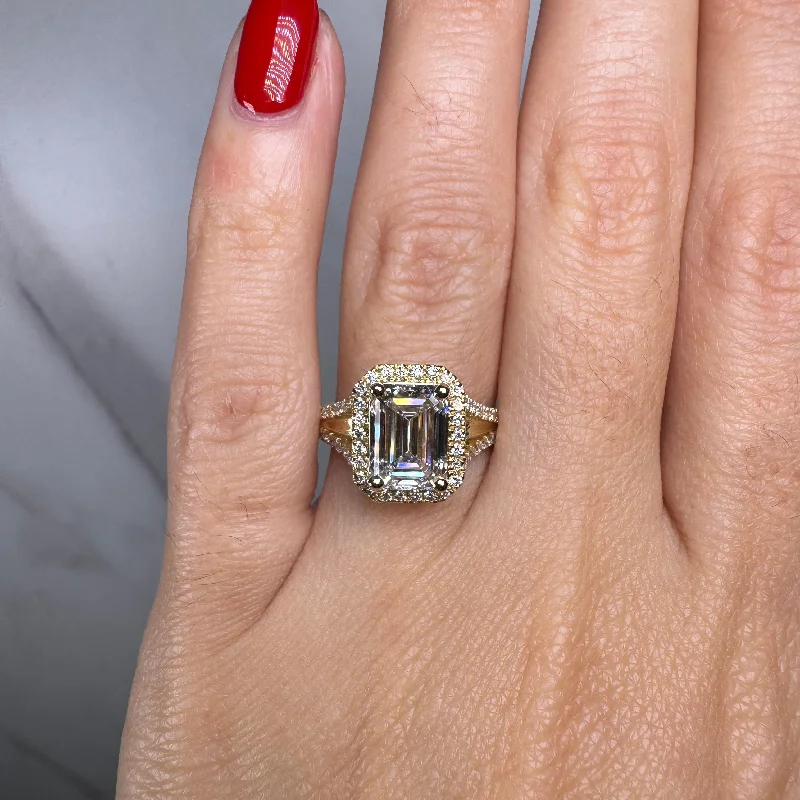 Classic Ruby Ring-"Hazelena" Emerald Cut with Halo and Diamond Shoulder Engagement Ring