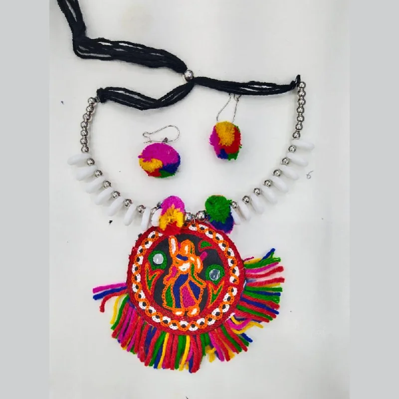 Layered Gemstone Necklace-Manisha Jewellery Oxidised Plated Pom Pom And Mirror Necklace Set