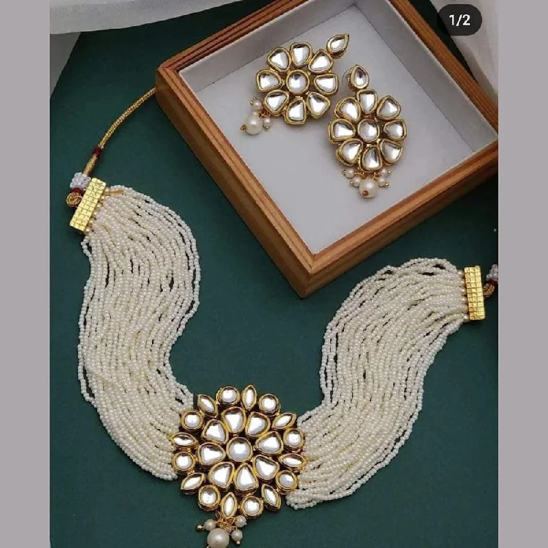 Fancy Choker Necklace-Akruti Collection Gold Plated Kundan Stone And Pearls Choker Necklace Set