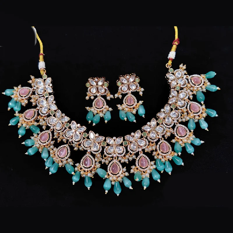 Unique Charm Necklace-JCM Gold Plated Polki Kundan Stone And Beads Necklace Set