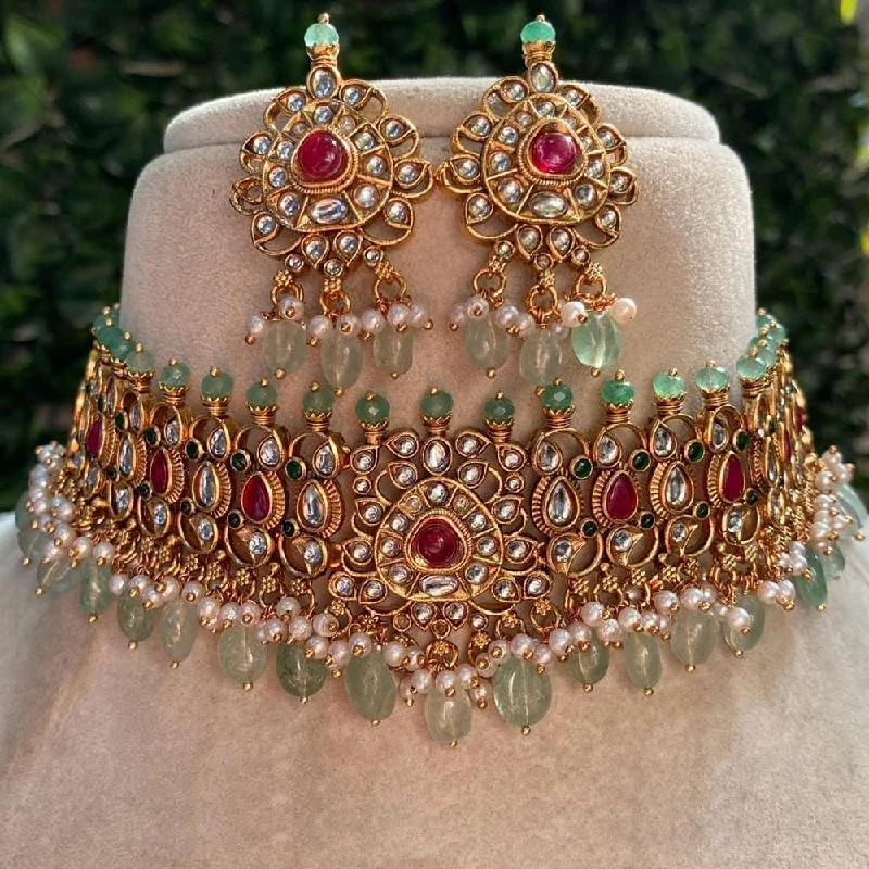 Fashionable Multi-Chain Necklace-Shagna Gold Plated Kundan Stone Pearl And Beads Choker Necklace Set