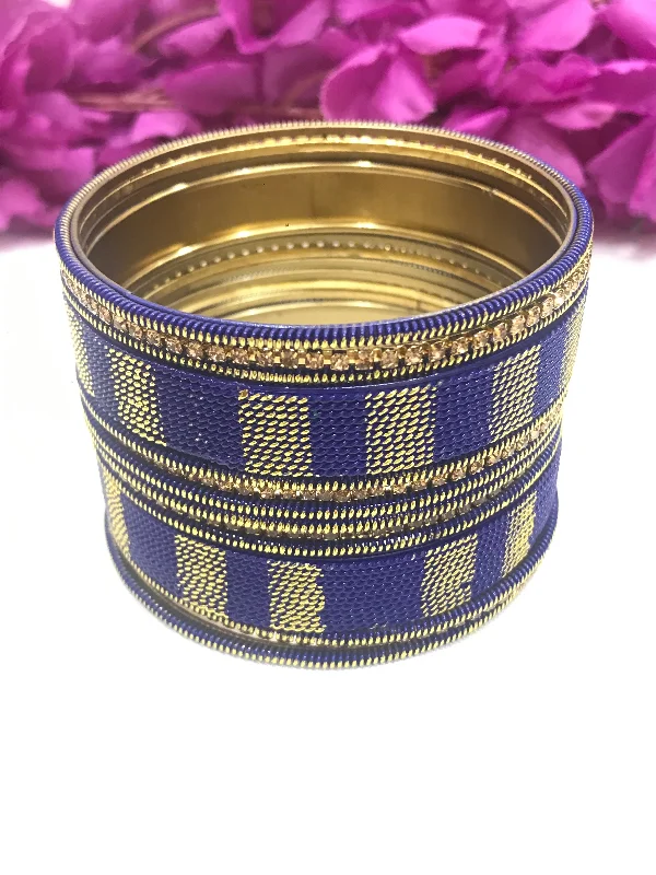 Diamond-Studded Gold Bangles-Charming Blue Color Metal Bangles Set With Spiral Design For Women